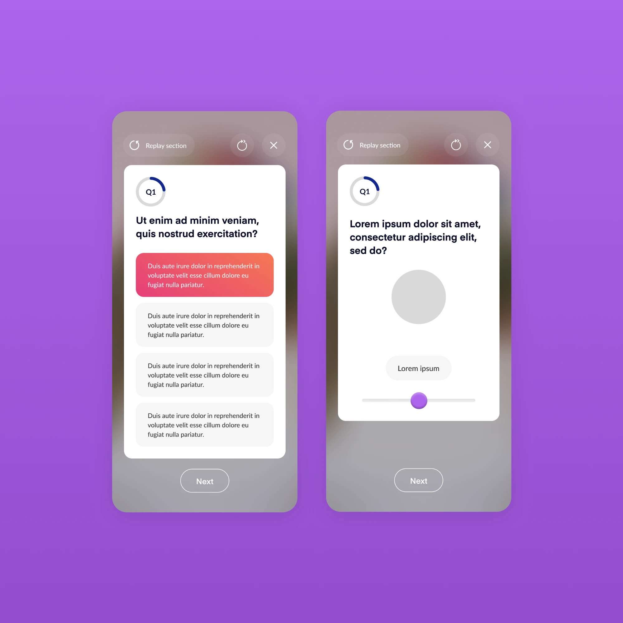 Ally quiz and scenario interaction screens