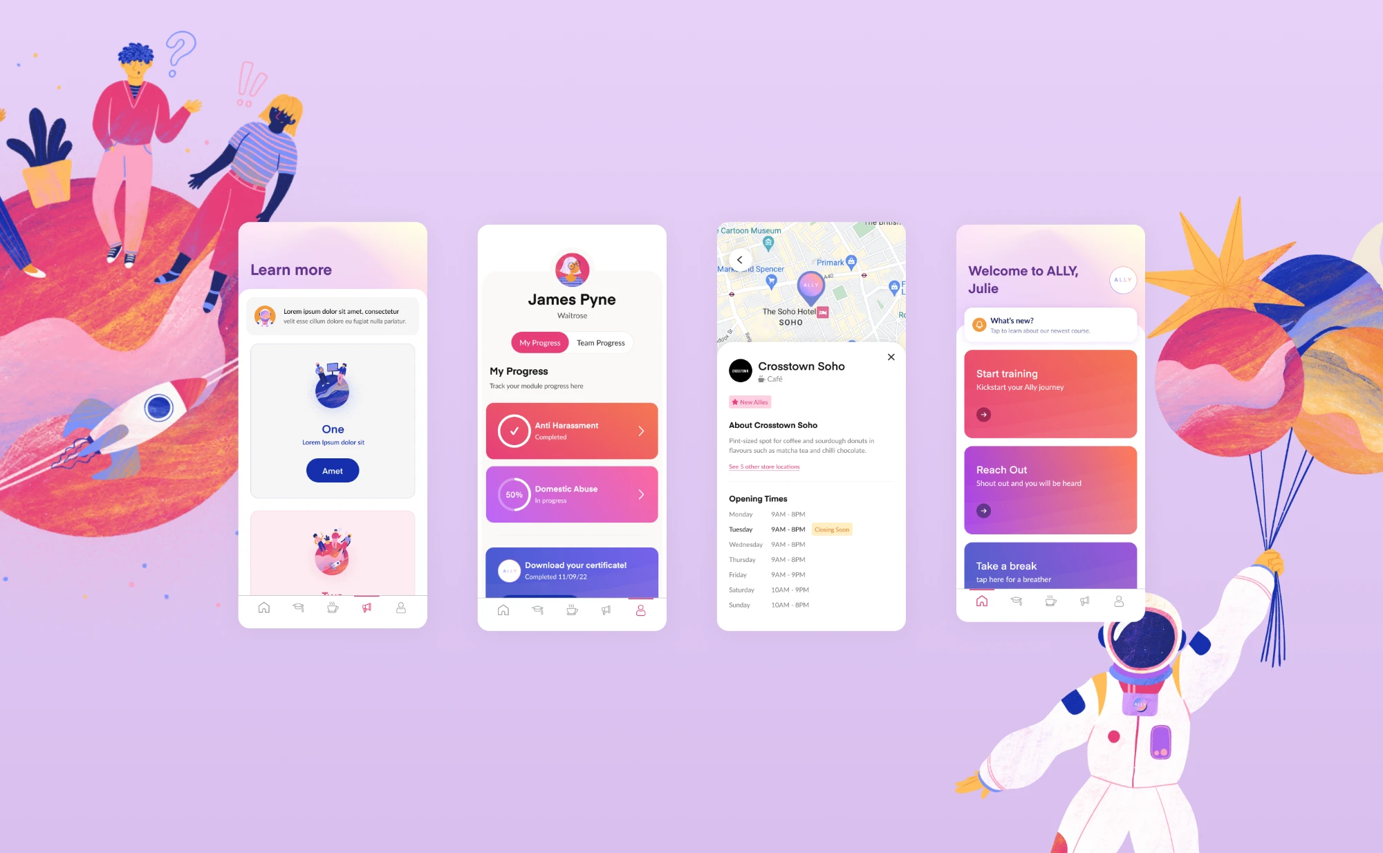 Ally app screens showing module library, progress tracking, map, and home screen