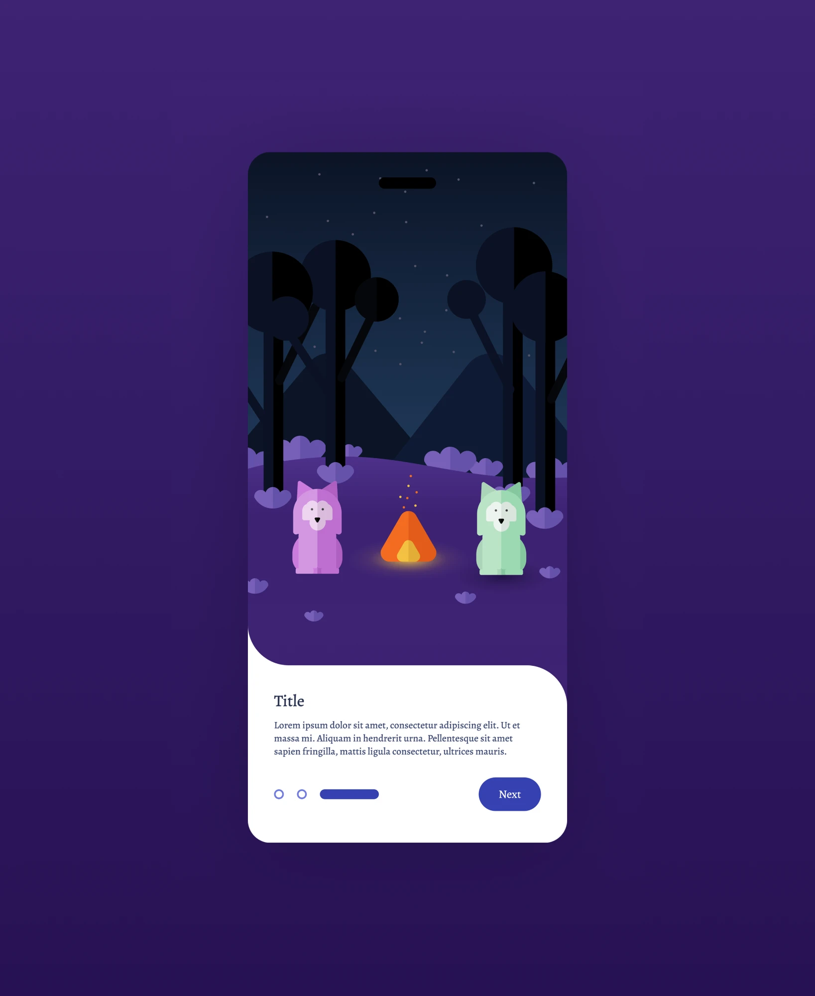 Brain Smart onboarding screen with animated characters around a campfire