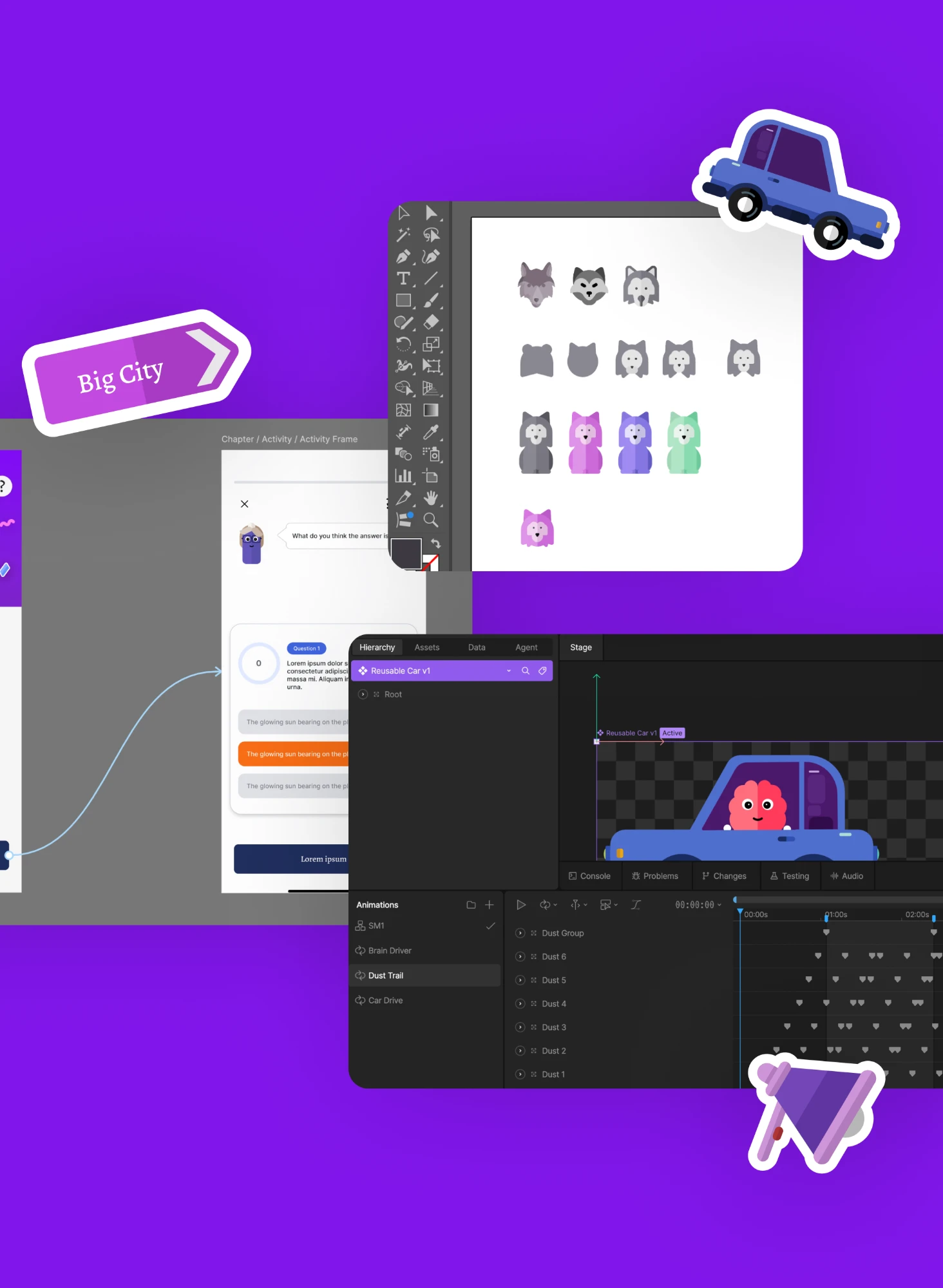 Brain Smart character design iterations and Rive animation work in progress